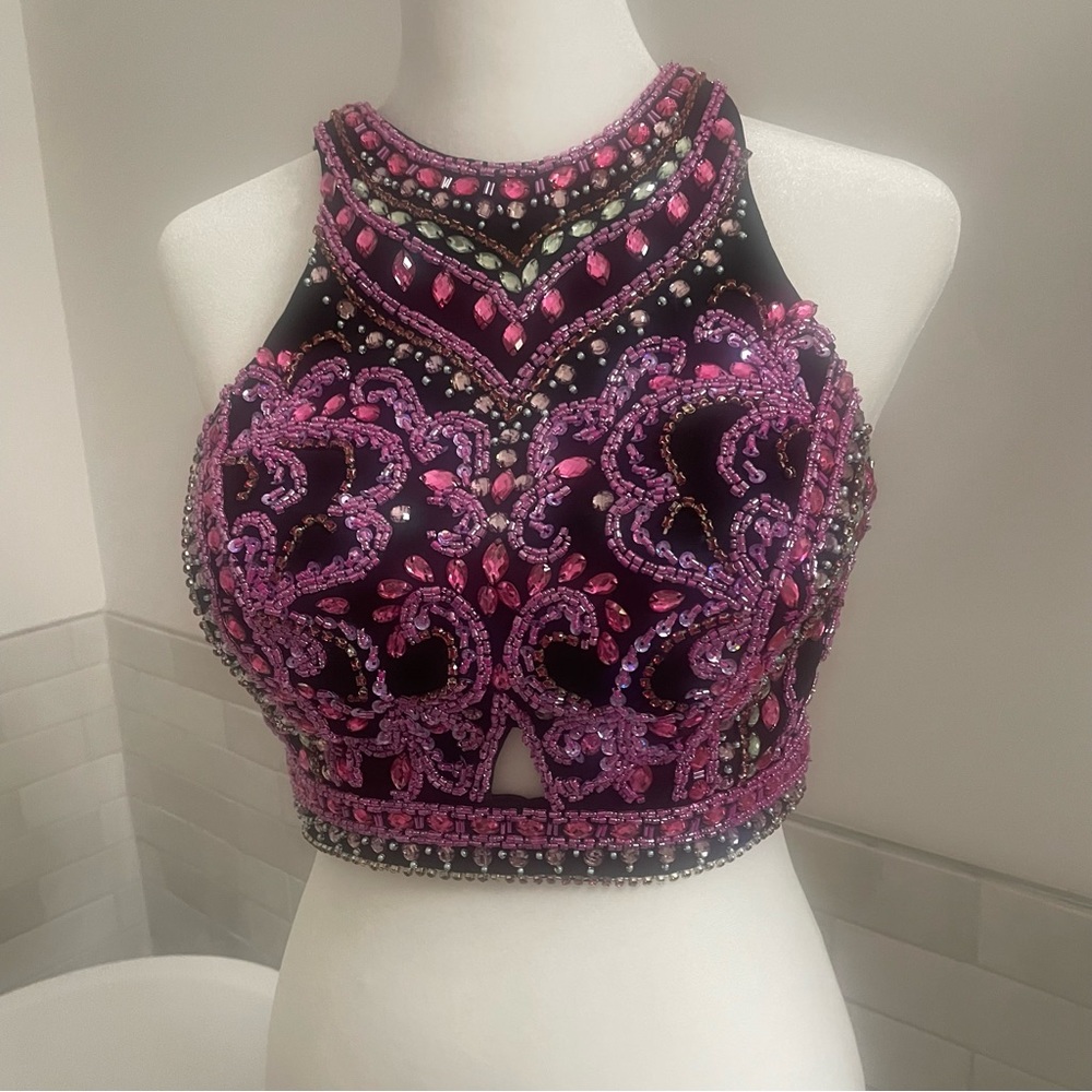 RACHEL ALLAN Black Pink Silver Jeweled
Racerback Halter Cropped Bra Top Size 0